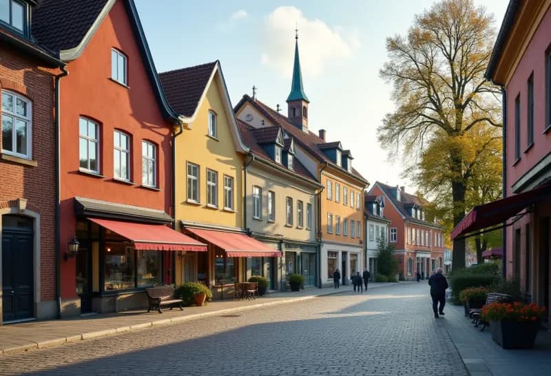 Färgglada trähus och kyrktorn i Gävle